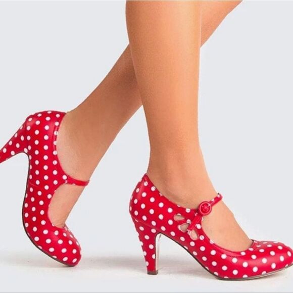⛱️J. Adams Red & White Polka Dot Retro Mary Jane Heels Size 8 - Picture 1 of 16